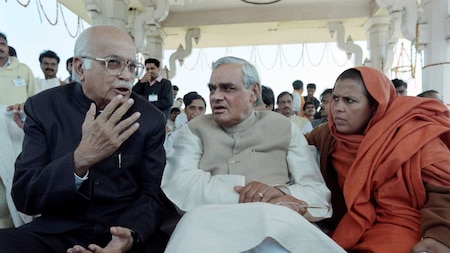 Atal Bihari Vajpayee with Lal Krishna Advani and Umma Bharati