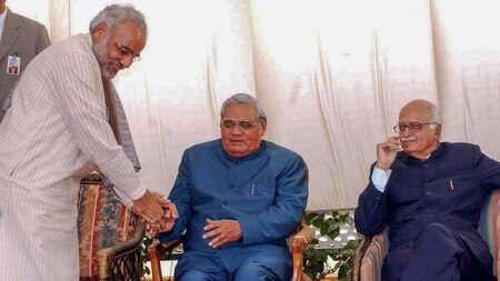 tal Bihari Vajpayee is seen with the then Gujarat CM Narendra Modi and BJP senior leader LK Advani