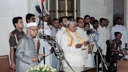 Atal Bihari Vajpayee takes the oath of office as India's 10th Prime Minister