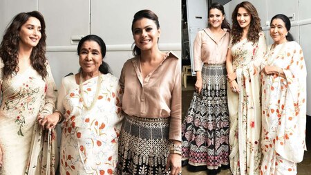 Asha Bhosle poses with Madhuri Dixit and Kajol