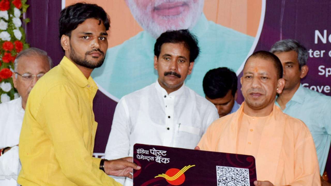 Uttar Pradesh Chief Minister Yogi Adityanath during the launch of "India Post Payments Bank" (IPPB), in Varanasi on Saturday