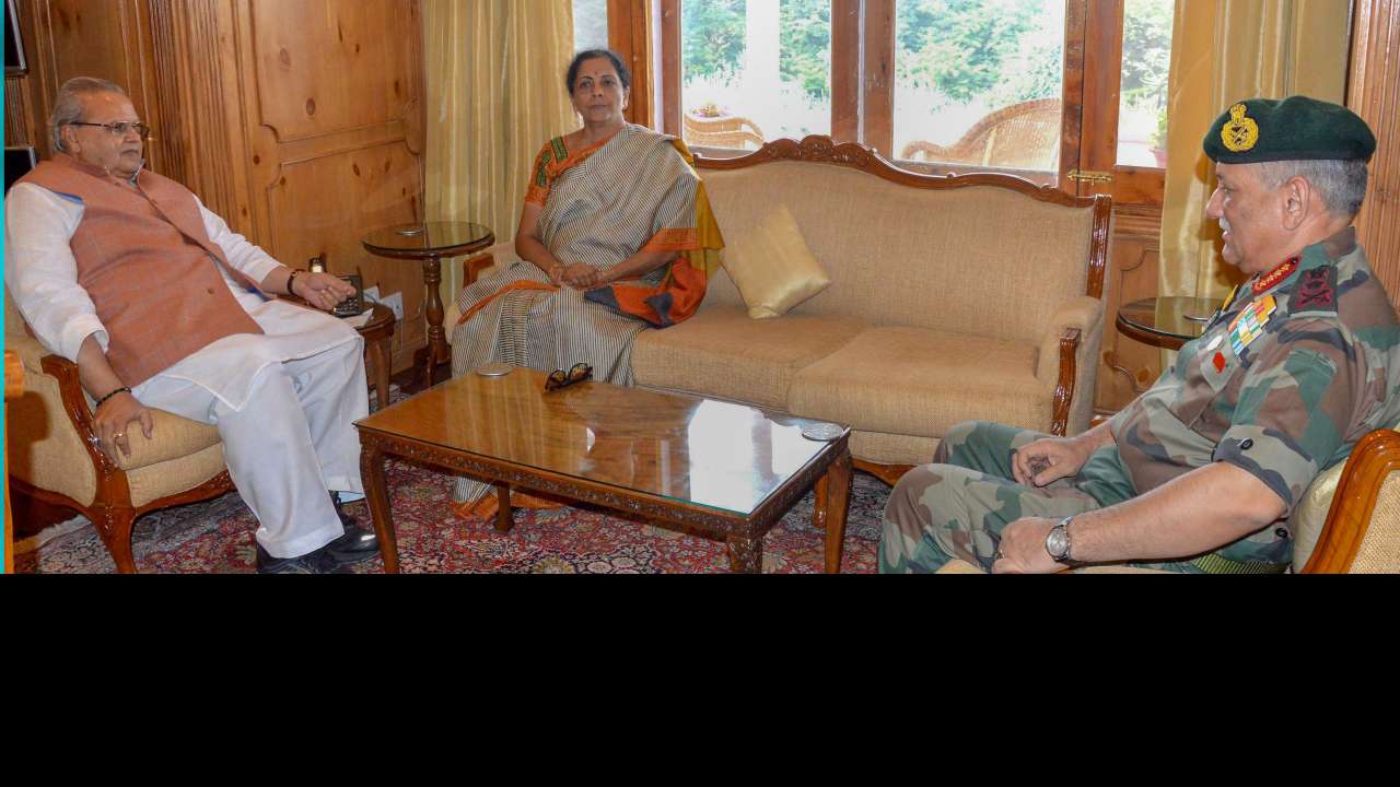 Nirmala Sitharaman with Army Chief Gen. Bipin Rawat and Jammu and Kashmir Governor Satya Pal Malik