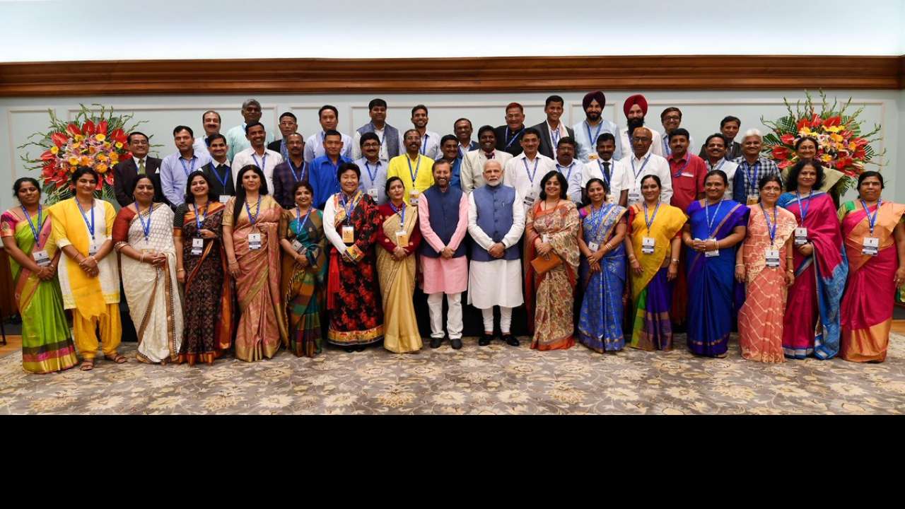 PM Modi, HRD Minister Prakash Javadekar with recipients of National Teachers' Awards