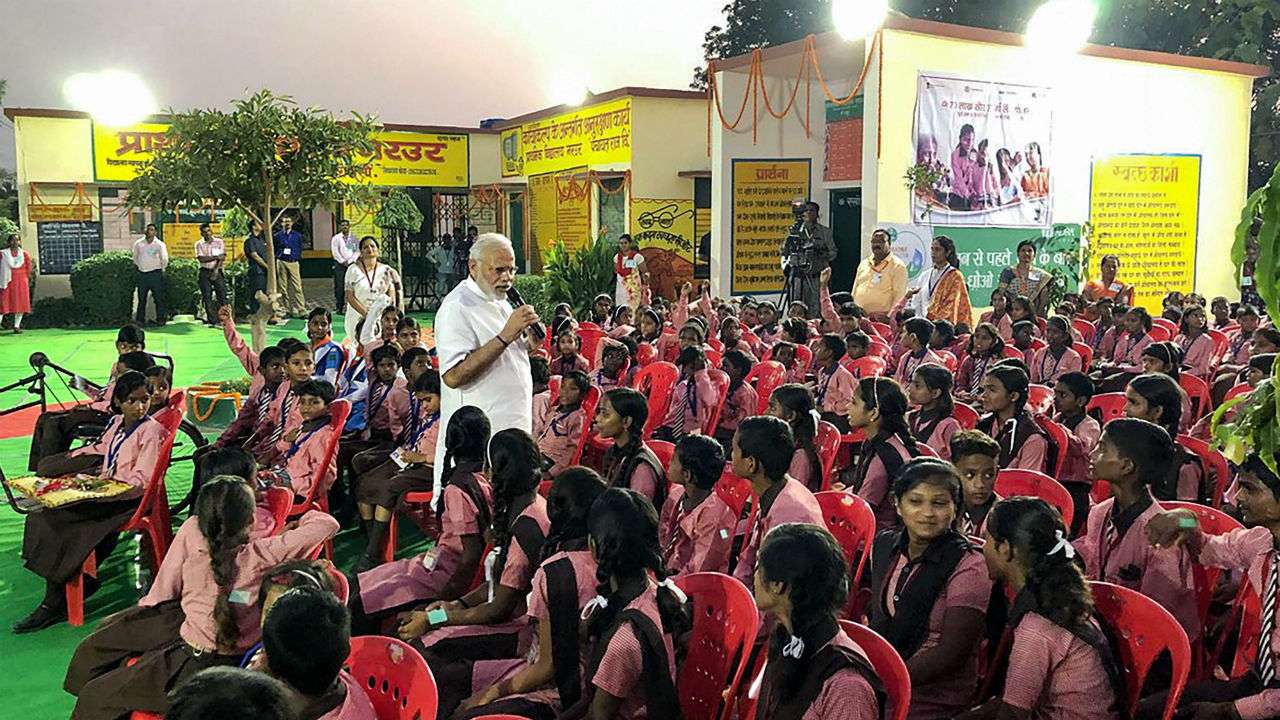 Prime Minister Narendra Modi interacts with schoolchildren as part of his 68th birthday celebrations on Monday