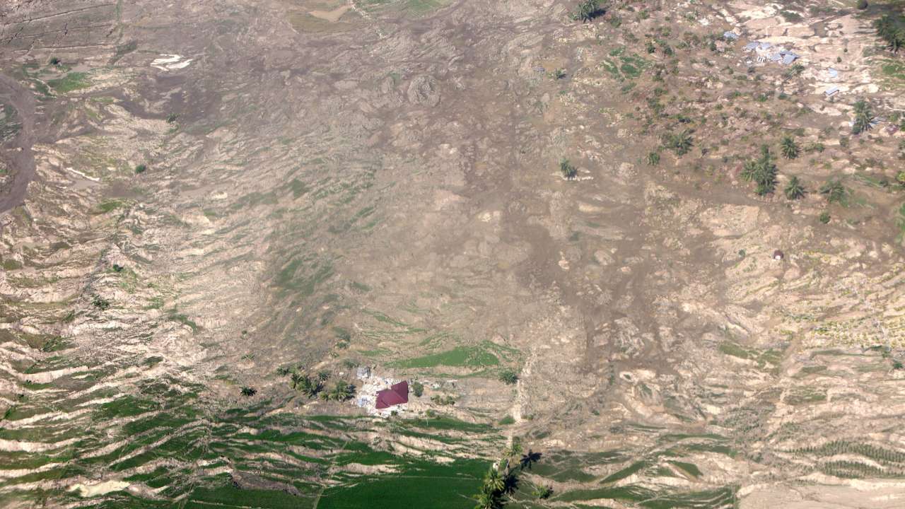 Aerial view of liquefaction or shifting ground