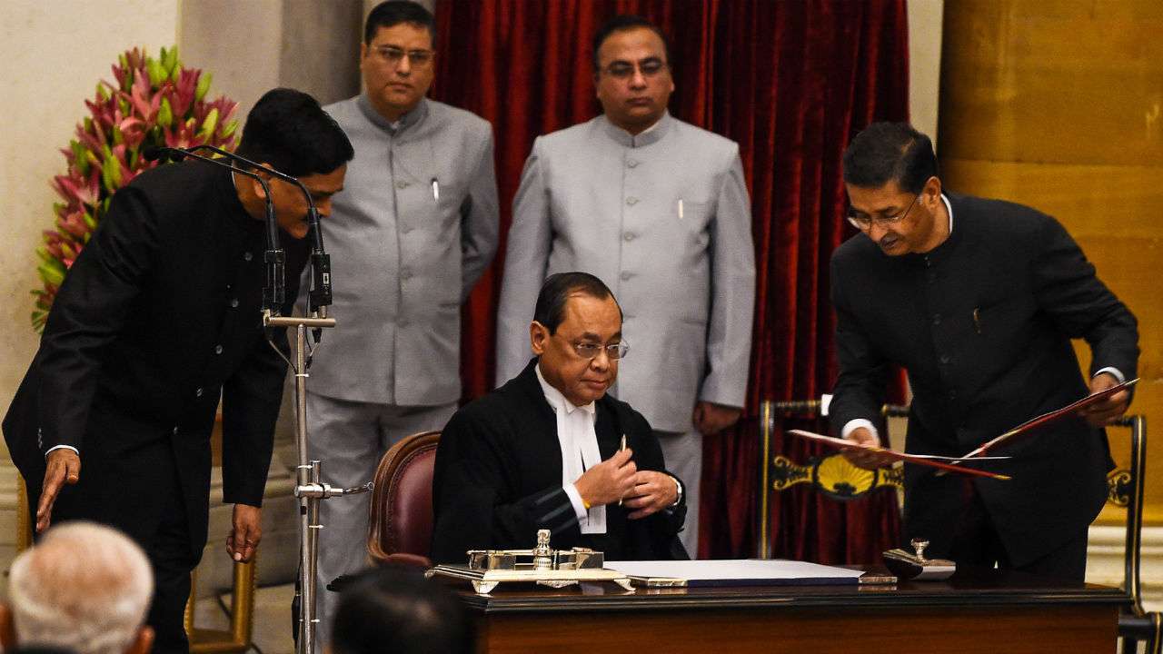 Justice Ranjan Gogoi after taking oath as 46th Chief Justice of India on Wednesday(AFP)