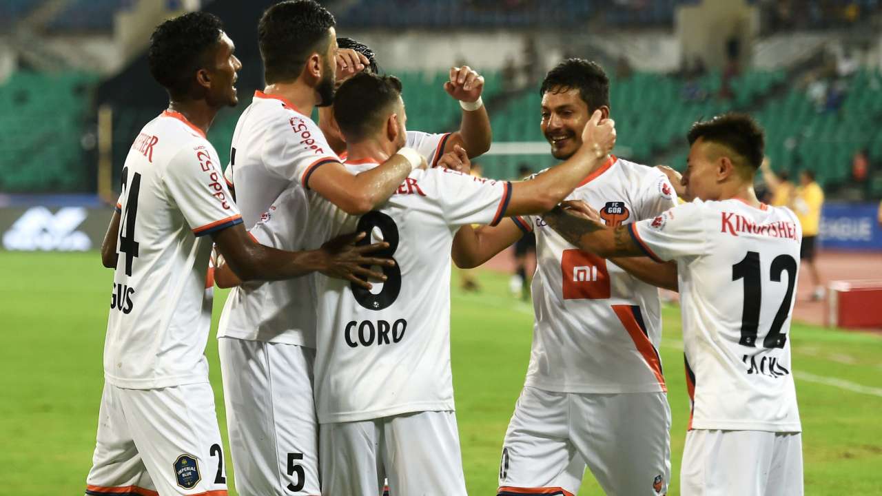 Ferran Corominas Telechea celebrates with teammates after scoring a goal against Chennaiyin FC Ferran Corominas Telechea celebrates with teammates after scoring a goal against Chennaiyin FC