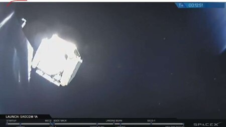 Falcon 9 on Landing Zone 4 after delivering SAOCOM 1A to low Earth orbit