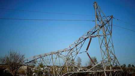 Transmission tower damaged by Hurricane Michael