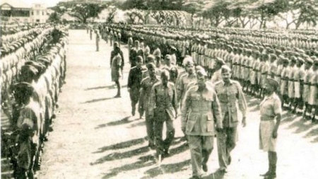 Bose reviewing his troops in Singapore in 1943