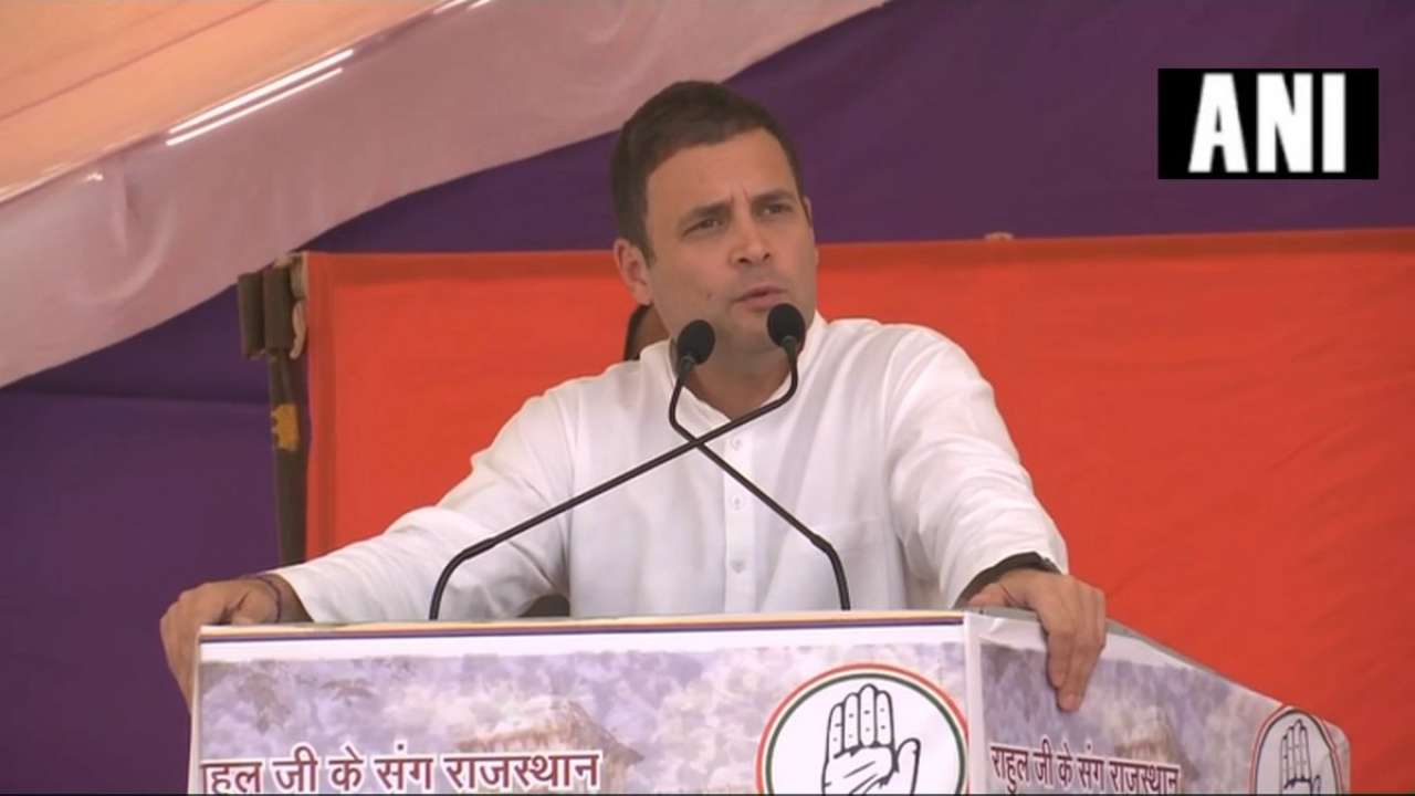 Congress President Rahul Gandhi speaking in Rajasthan's Jhalawar, ANI