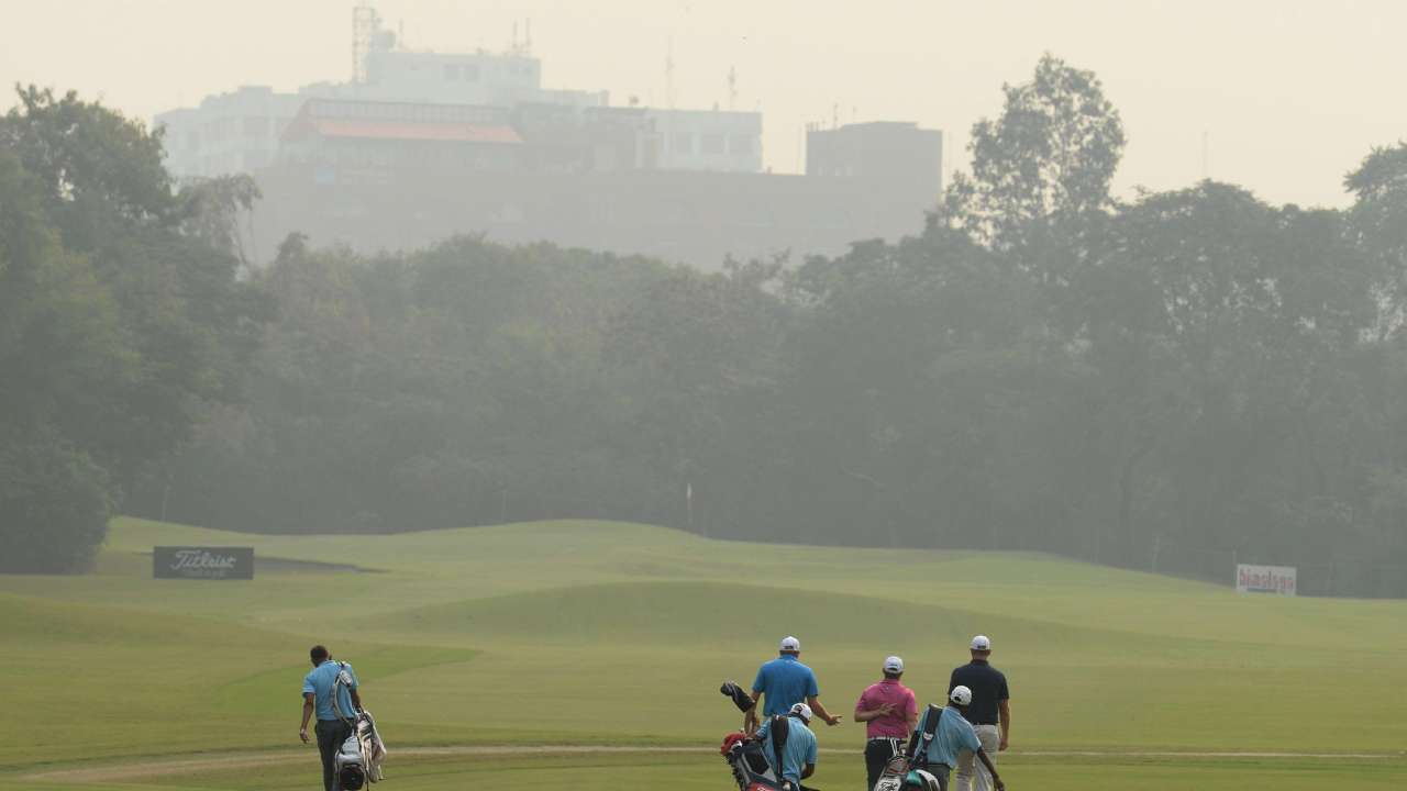 Haze is seen over a golf course in Delhi