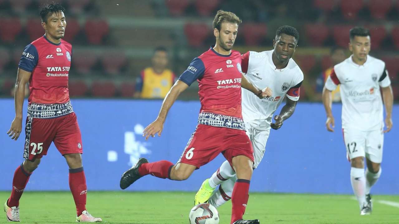 Players from Jamshedpur FC and NorthEast United in action on Thursday