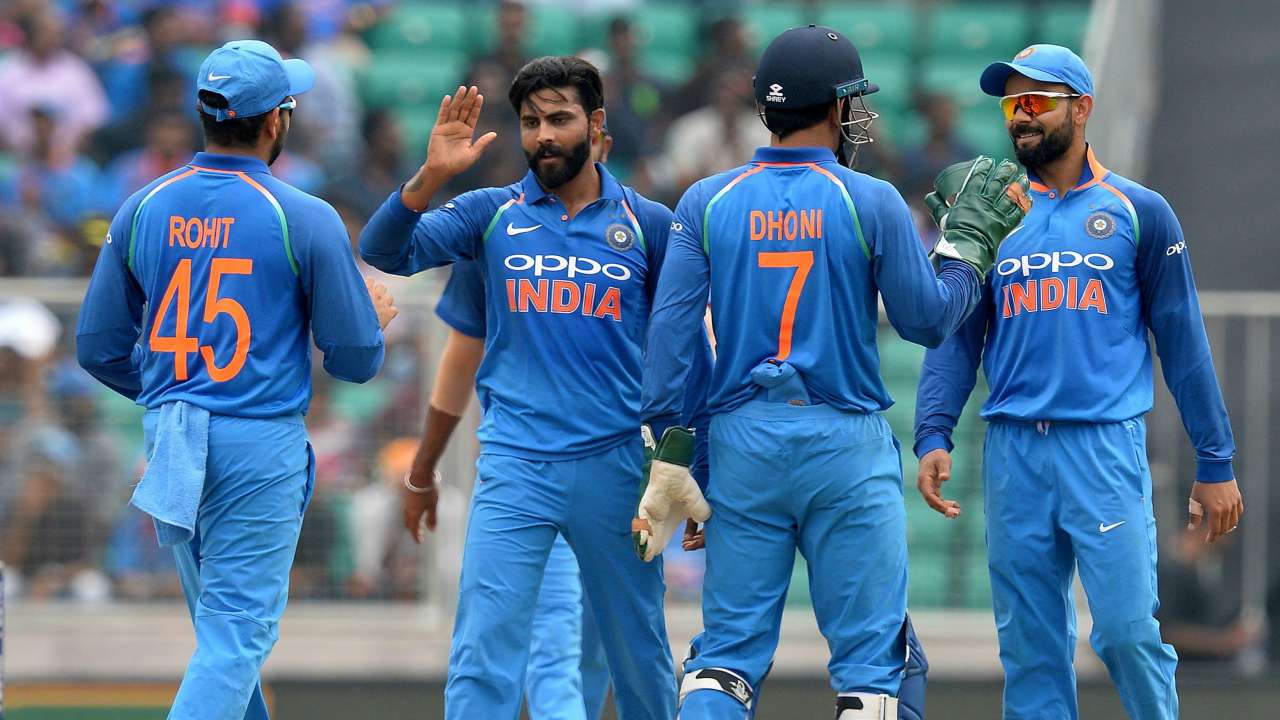 Team India celebrate taking a wicket against West Indies on Thursday