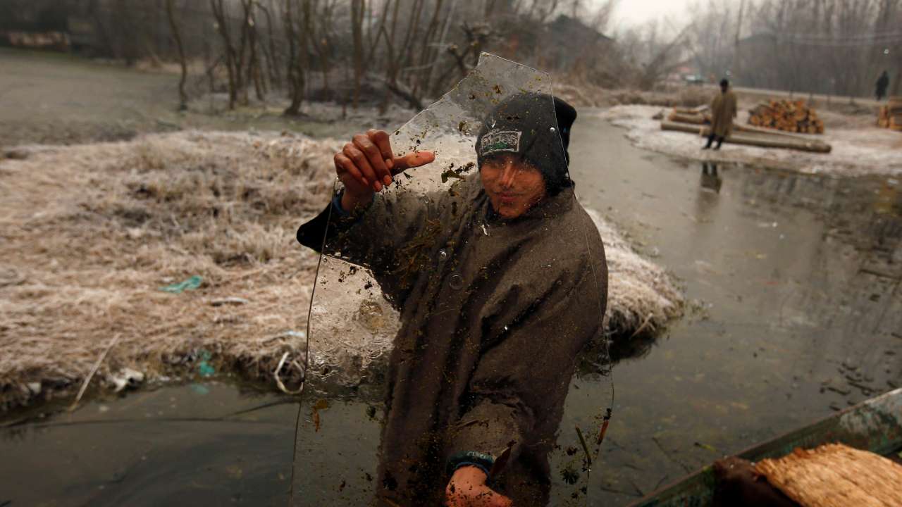 Piece of ice from frozen interiors of Dal lake