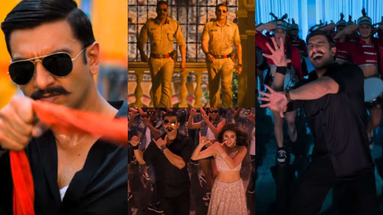 Stills of Ranveer Singh, Ajay Devgn and Sara Ali Khan from Simmba song Mera Wala Dance