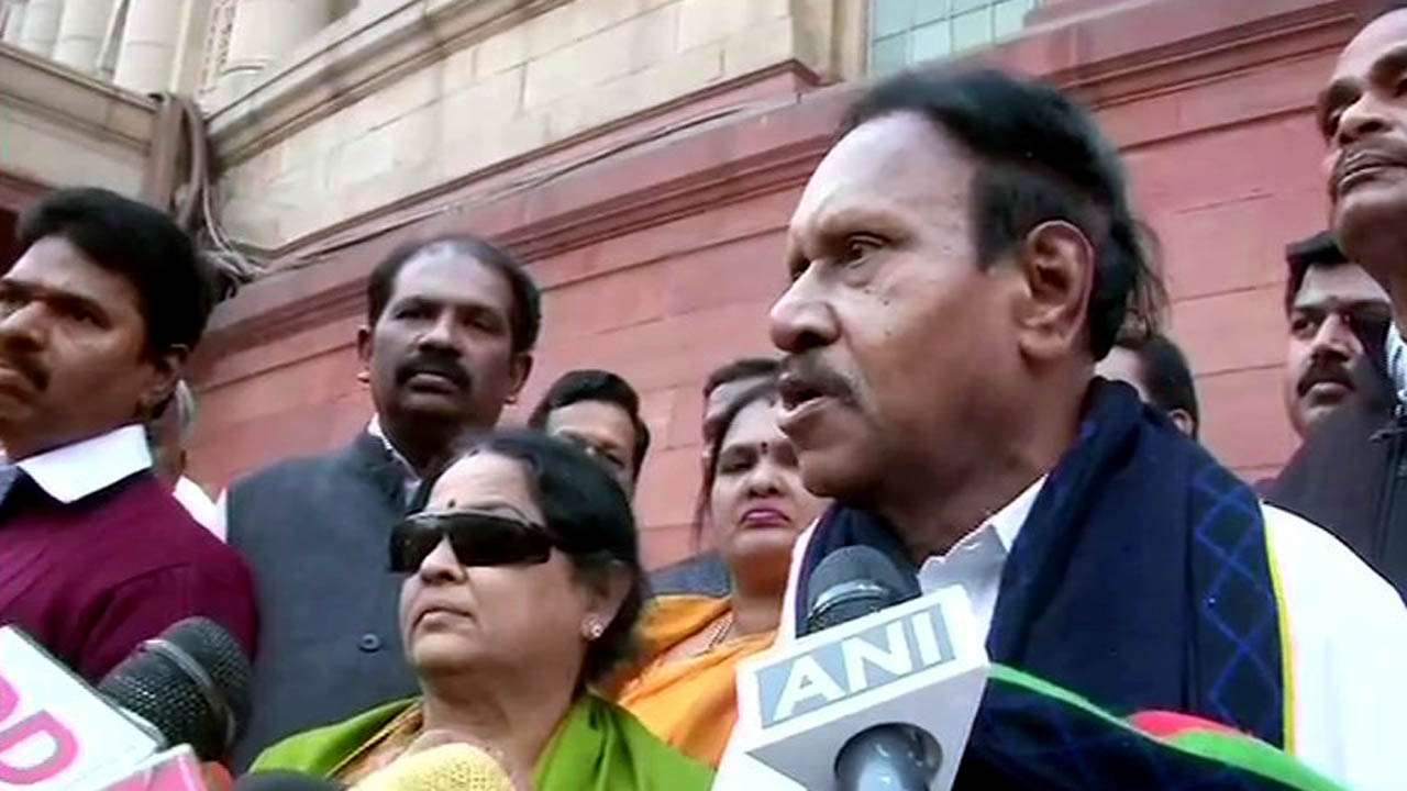 AIADMK's M Thambidurai, who is the Deputy Speaker of the Lok Sabha, speaking to reporters after his partymen were suspended.