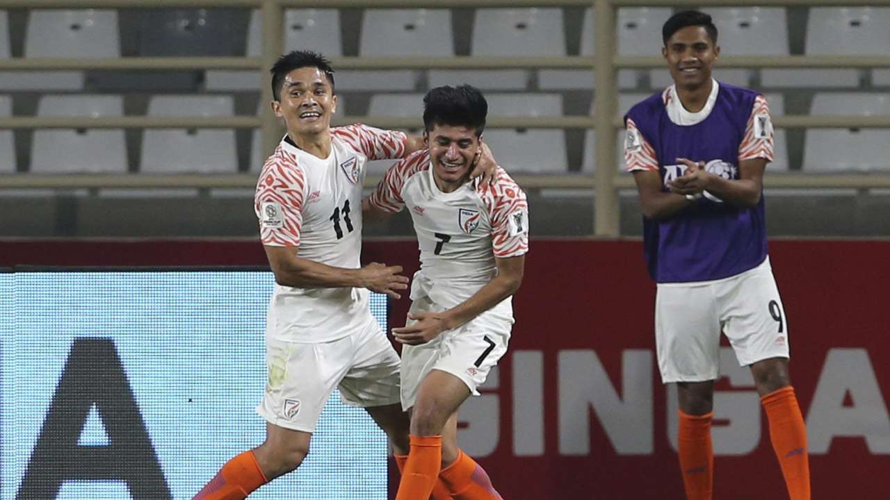 Sunil Chhetri celebrates with Anirudh Thapa