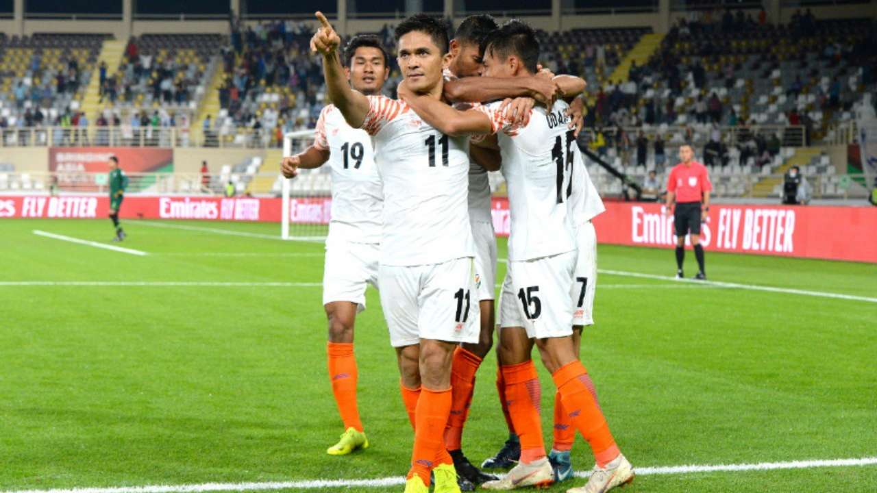 Sunil Chhetri celebrates after scoring a goal
