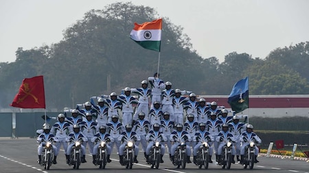 Indian Army motorcycle team ''Daredevils'' perform during parade