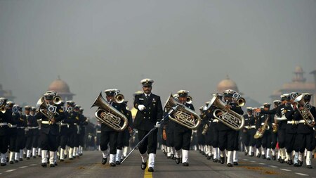 Indian Coast Guard personnel march at Rajpath