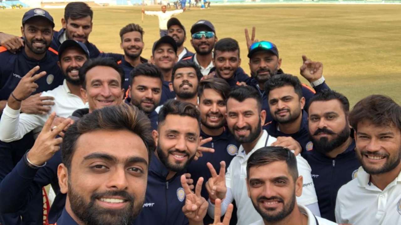 Saurashtra Cricket team pose for selfie after entering the semi-finals of the Ranji Trophy