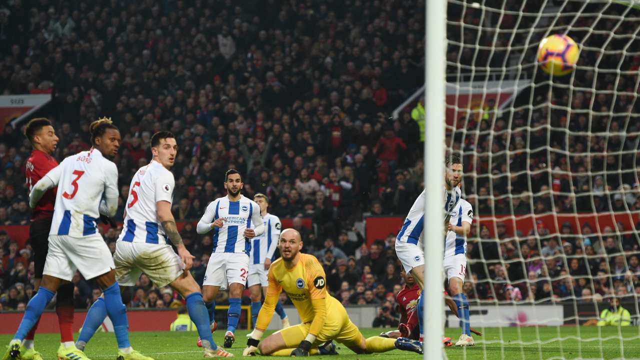 Marcus Rashford scores Manchester United's second goal against Brighton and Hove Albion