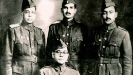 Netaji with INA officers AC Charrerji, MZ Kiani and Habibur Rahman: 1944