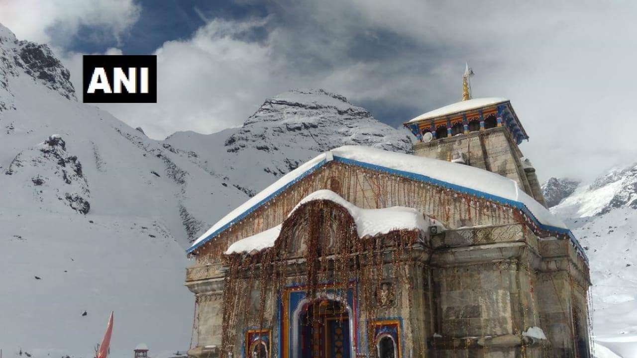 Snow surrounds Kedarnath Temple