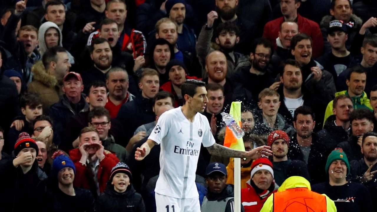 A bottle is thrown at Paris St Germain's Angel Di Maria