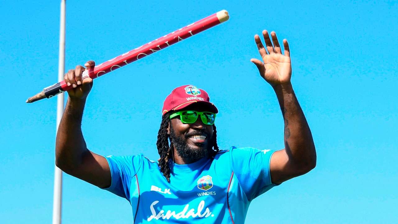 Chris Gayle waves to supporters at the end of the 5th and final ODI between West Indies and England