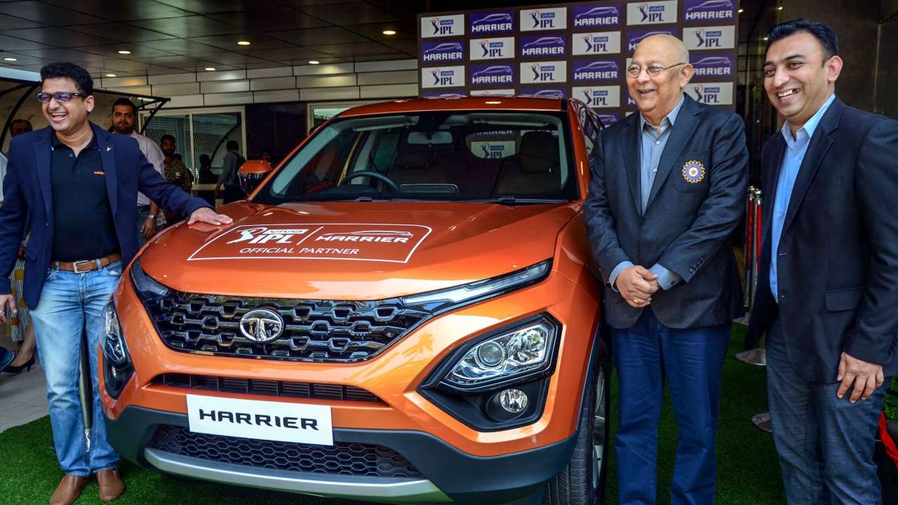 IPL COO Hemang Amin, BCCI Secretary Amitabh Choudhary and Tata Motors, Vivek Srivatsa at the launch of new car Harrier