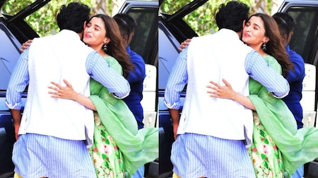 The cute couple Ranbir Kapoor and Alia Bhatt share a hug before embarking on the journey
