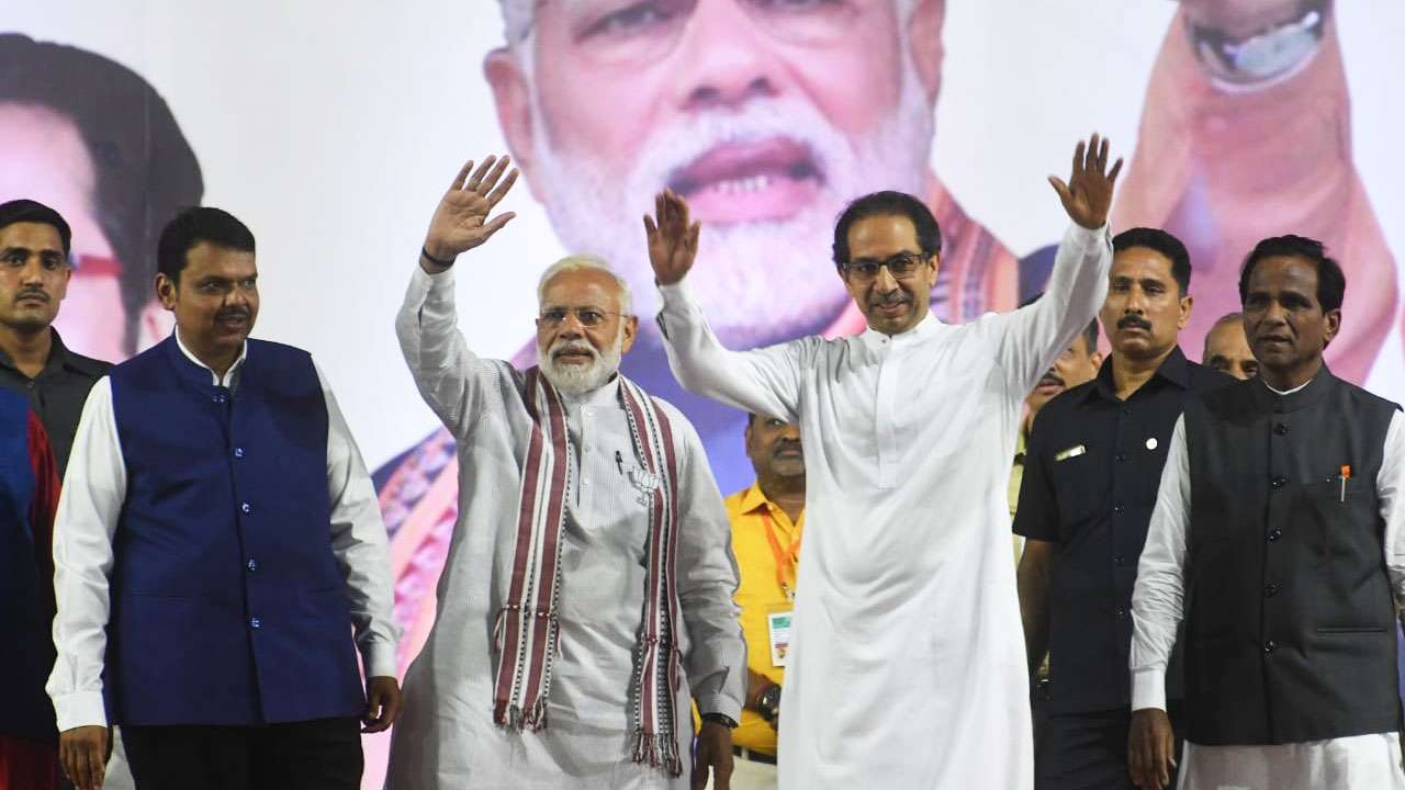 PM Narendra Modi with Chief Minister Devendra Fadnavis and Shiv Sena chief Uddhav Thackeray in BKC on Friday