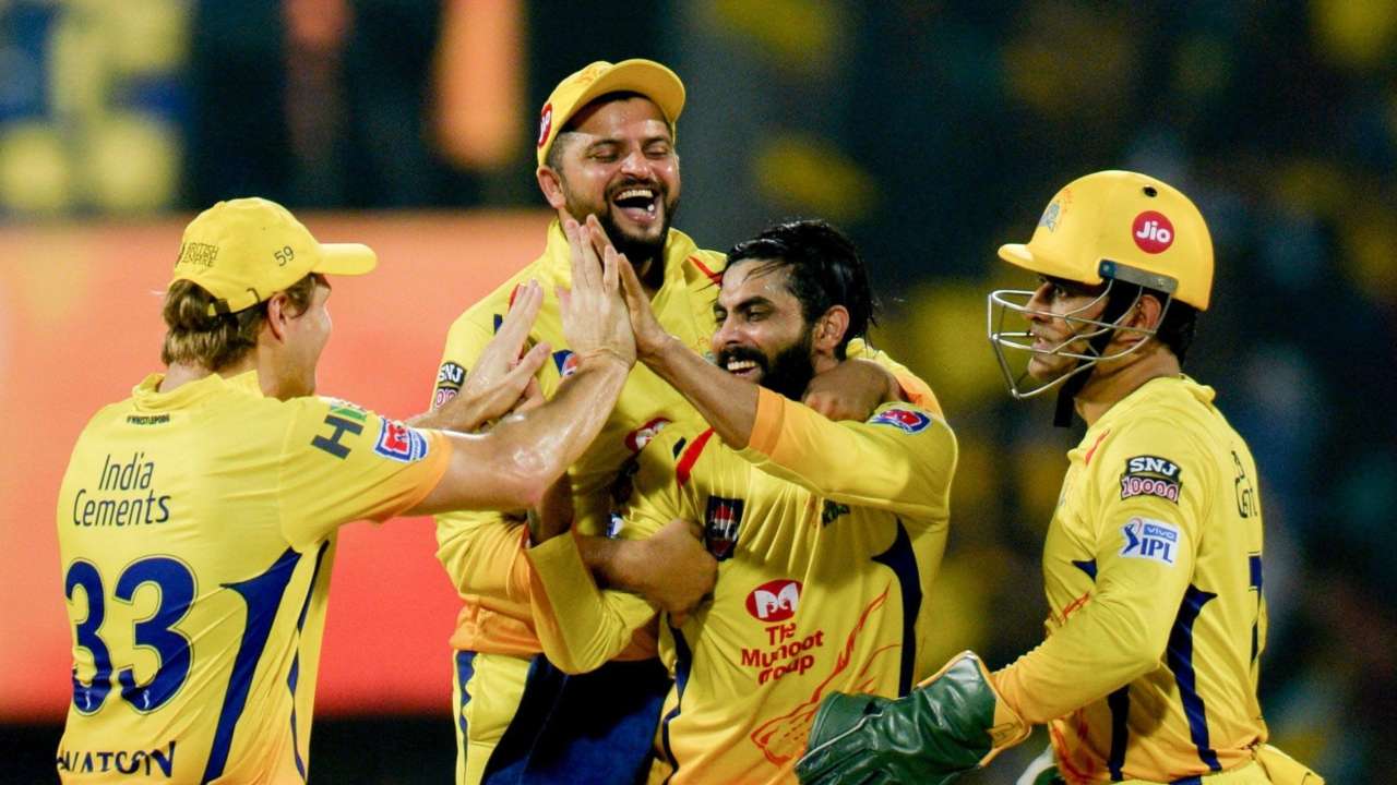 CSK celebrate as they beat DC by 80 runs