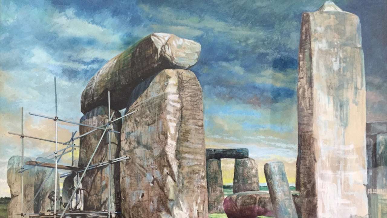 Archaeological excavations take place in Stonehenge, Britain 1958, in this handout watercolour image obtained 