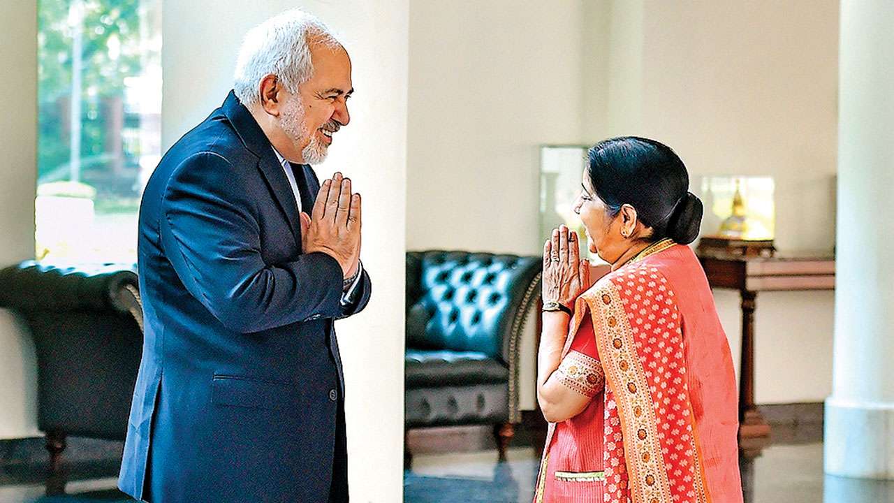 Iranian Foreign Minister Mohammad Zarif greets External Affairs Minister Sushma Swaraj in New Delhi