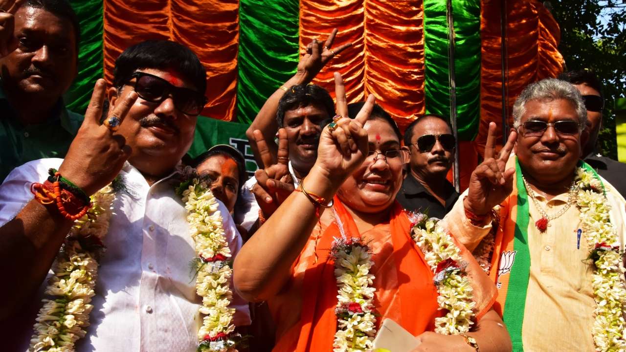  BJP party MP and state party president Dilip Ghosh along with newly elected MPs Debshree Chowdhury and Arjun Singh