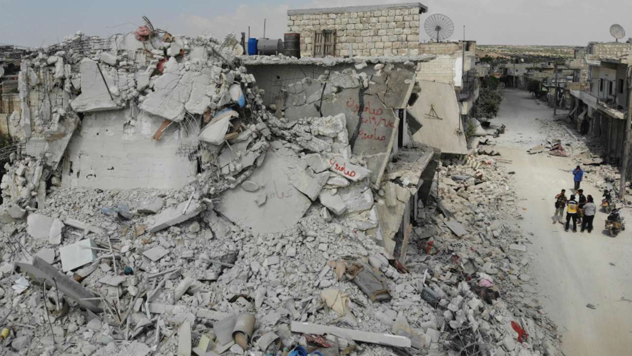 One of the several damaged and destroyed buildings in the town of Ihsim, in Syria’s Idlib regi