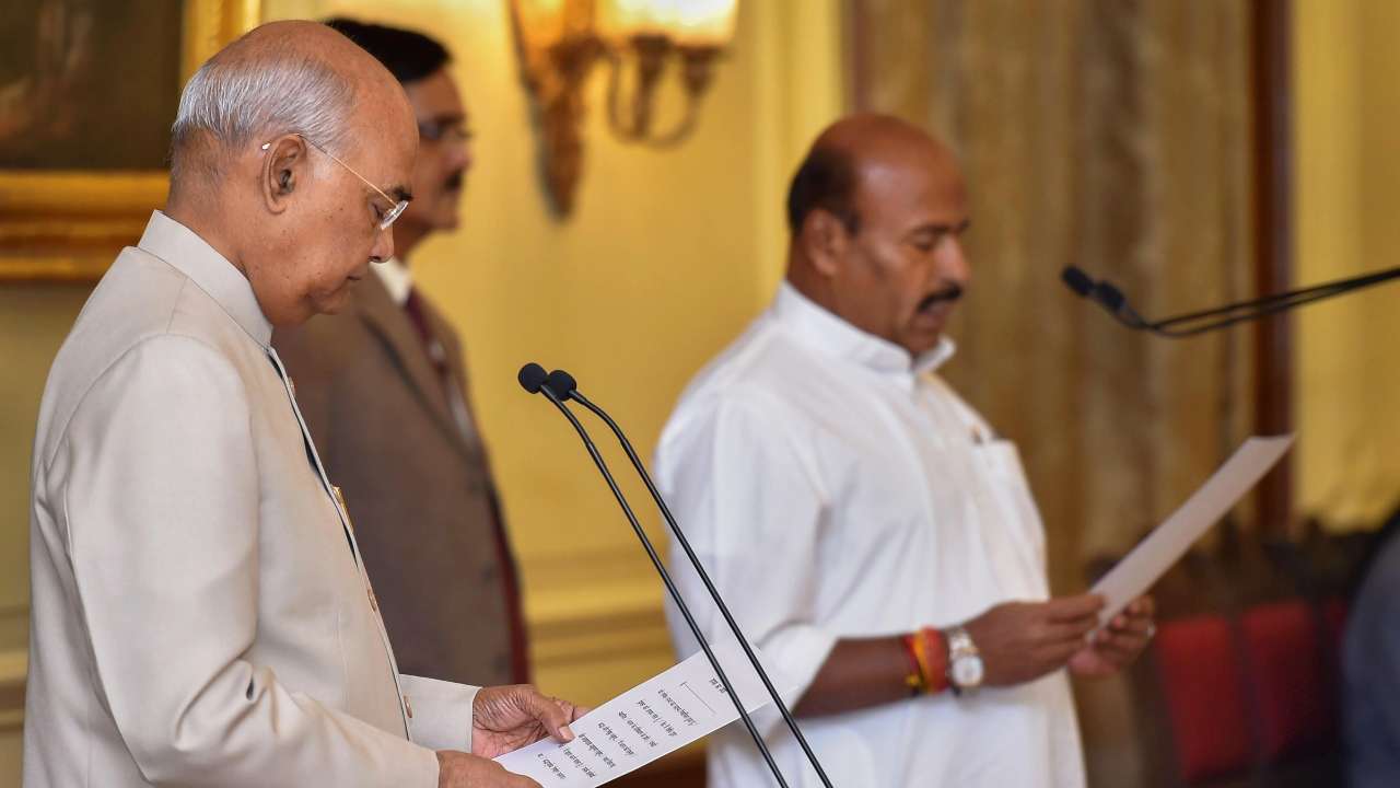 President Ram Nath Kovind administers the oath of office to BJP MP Virendra Kumar as protem Speaker of the 17th Lok Sabha