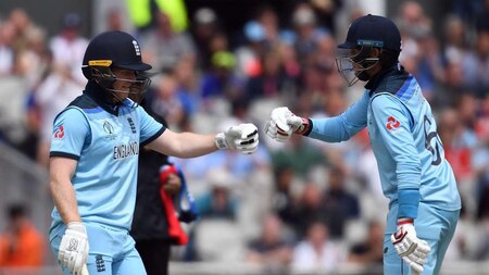 Eoin Morgan and Joe Root depart after some explosive batting