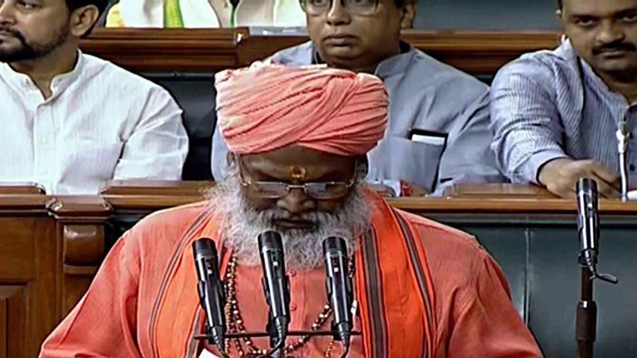 'Mandir vahin banayenge' chants heard as BJP MP Sakshi Maharaj took oath