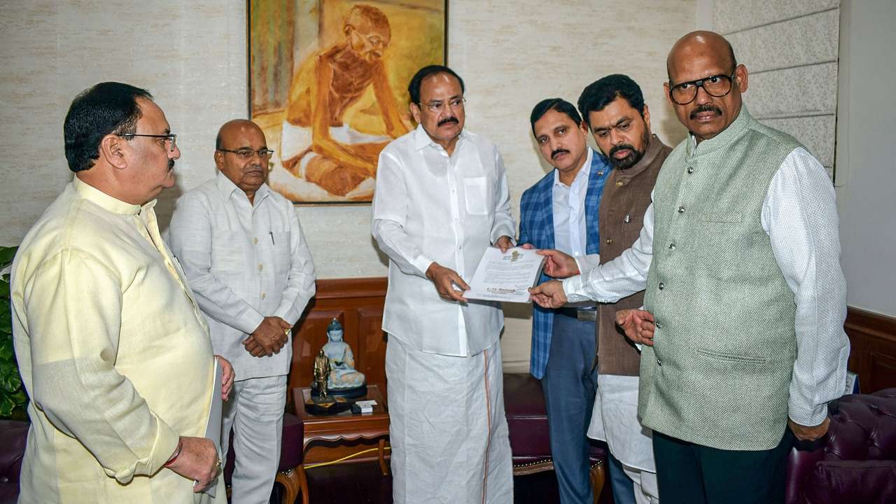 TDP Rajya Sabha MPs Y Sujana Chowdary, TG Venkatesh and CM Ramesh submit their resignation to Rajya Sabha Chairman M Venkaiah Na