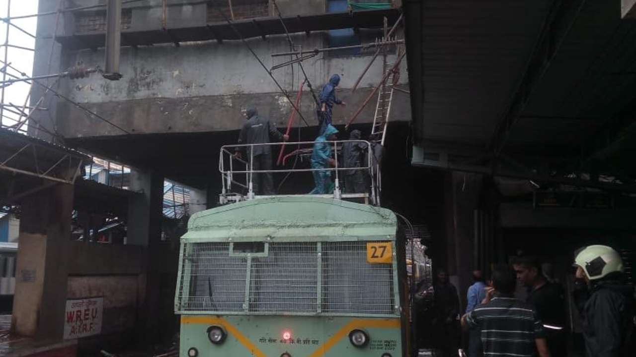 Construction work in progress after the OHE got damaged due to an accident leading to train traffic getting disrupted