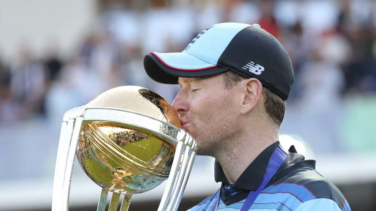 Morgan kissing the coveted World Cup trophy
