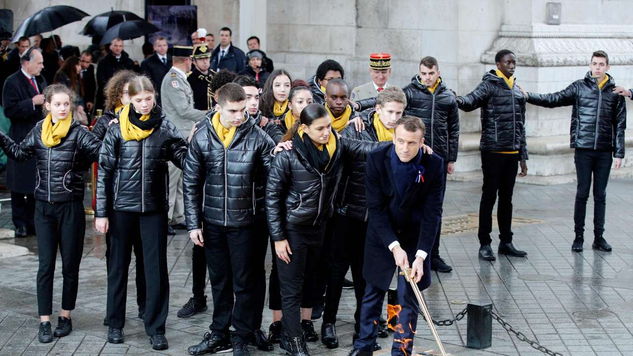 Emmanuel Macron delivers a speech during a commemoration ceremony for Armistice Day