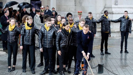 Emmanuel Macron delivers a speech during a commemoration ceremony for Armistice Day