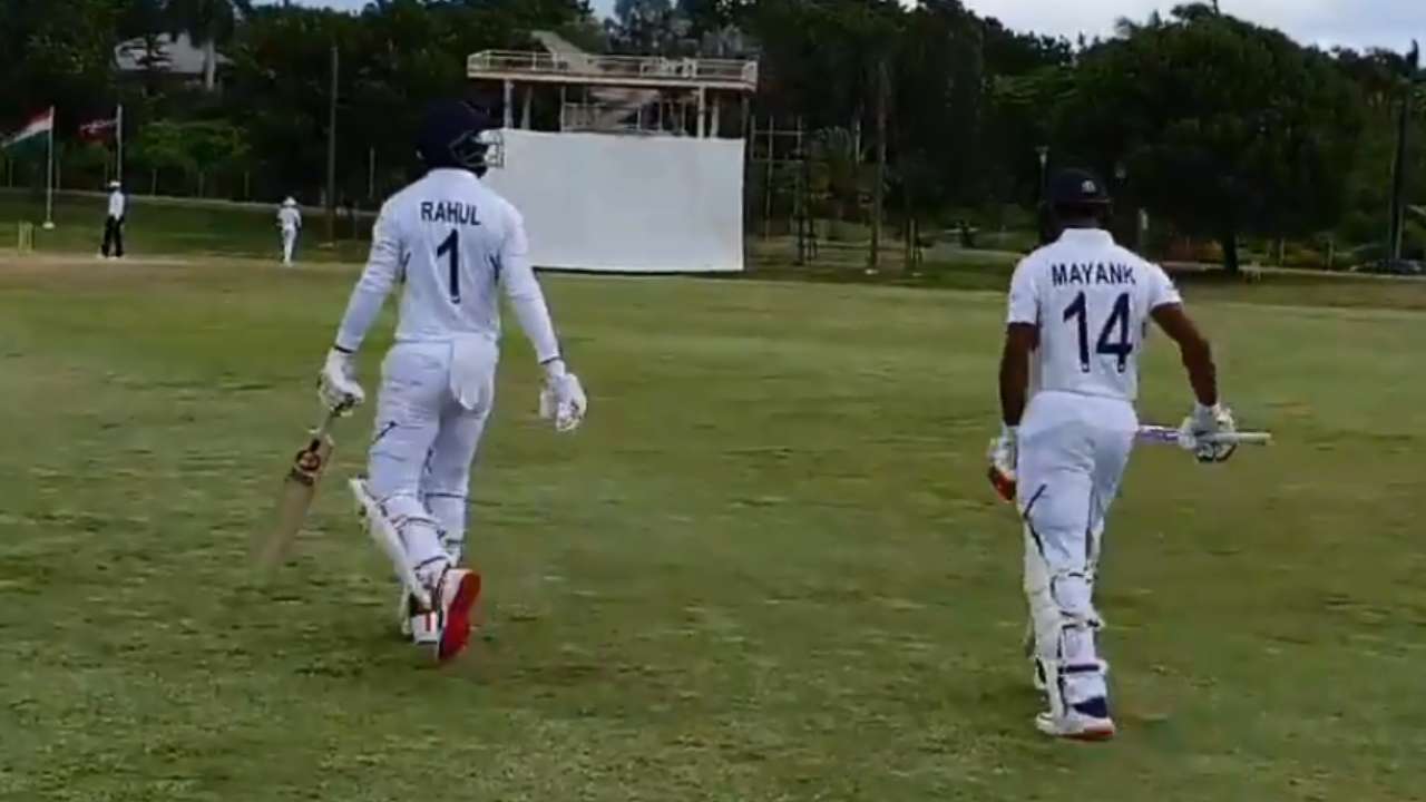 Watch Kl Rahul Mayank Agarwal Rohit Sharma Walk On Field In New Test Jerseys During Practice Match Against Windies A