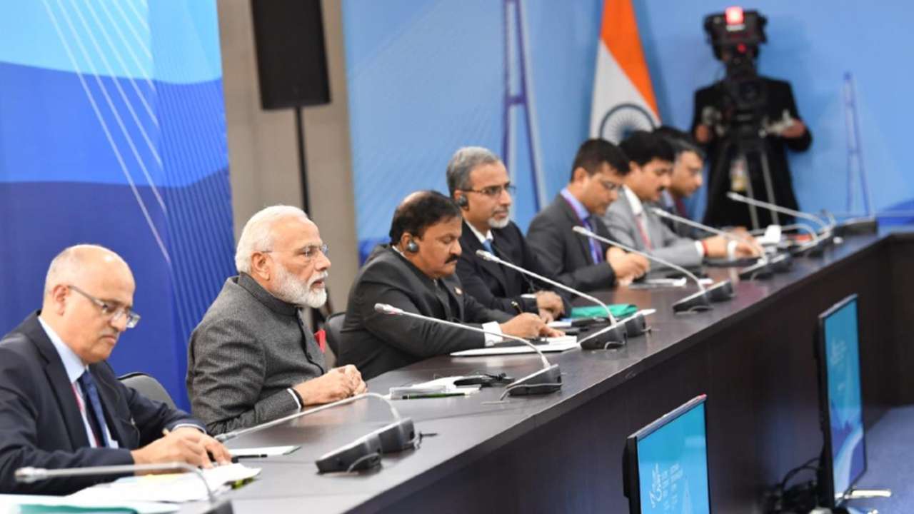 PM Modi at the delegation-level talks with Vladimir Putin in Russia