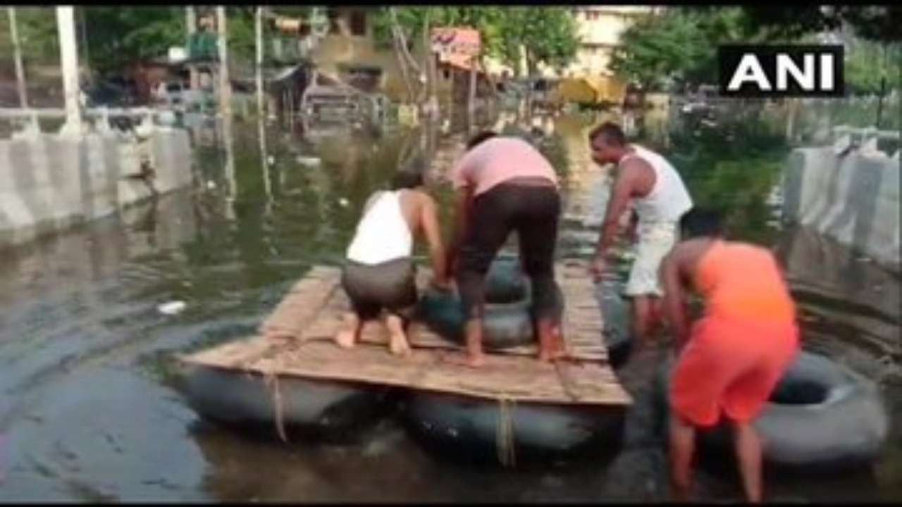 Bihar Floods Locals Construct Makeshift Boat To Travel Through Streets